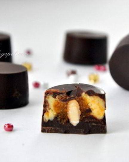 Рецепт шоколадные конфеты с тыквенным кремом, мандариновым мармеладом и миндалем