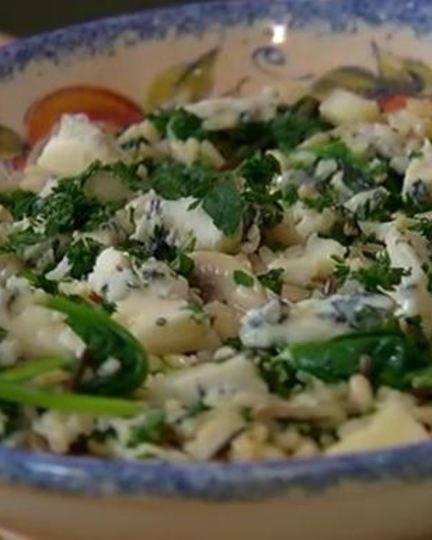 Рецепт риса с горгонзолой, шампиньонами и шпинатом