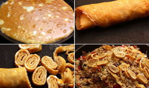 рис со свининой, овощами и омлетом