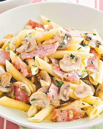 Рецепт пасты с ветчиной и грибами