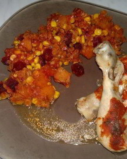 Рецепт куриных голеней из духовки, чечевичное рагу с тыквой, кукурузой и свеклой