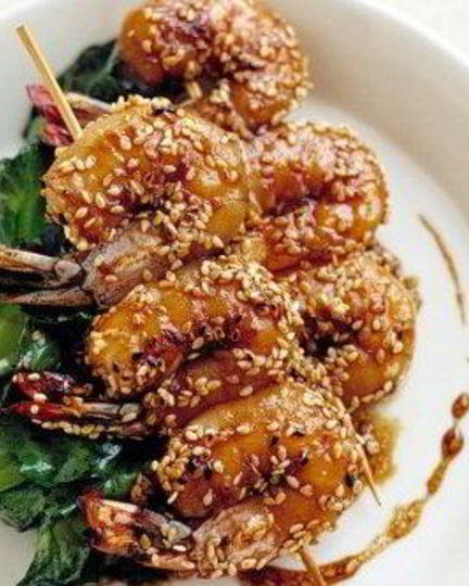 Рецепт шашлыка из креветок с кунжутом в соевом соусе