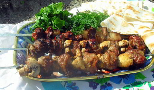 шашлык из печени индейки с шампиньонами