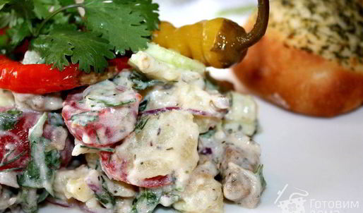 картофельный салат с мясом гирос и дзадзики