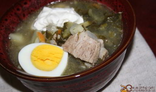 зеленый борщ со щавлем и маринованными огурцами