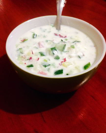 Рецепт окрошки с салями на кефире и газированной воде